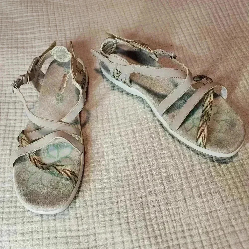 Skechers Women's Reggae Slim Vacay Sandals Taupe Aqua Tan Size 10 Memory Foam